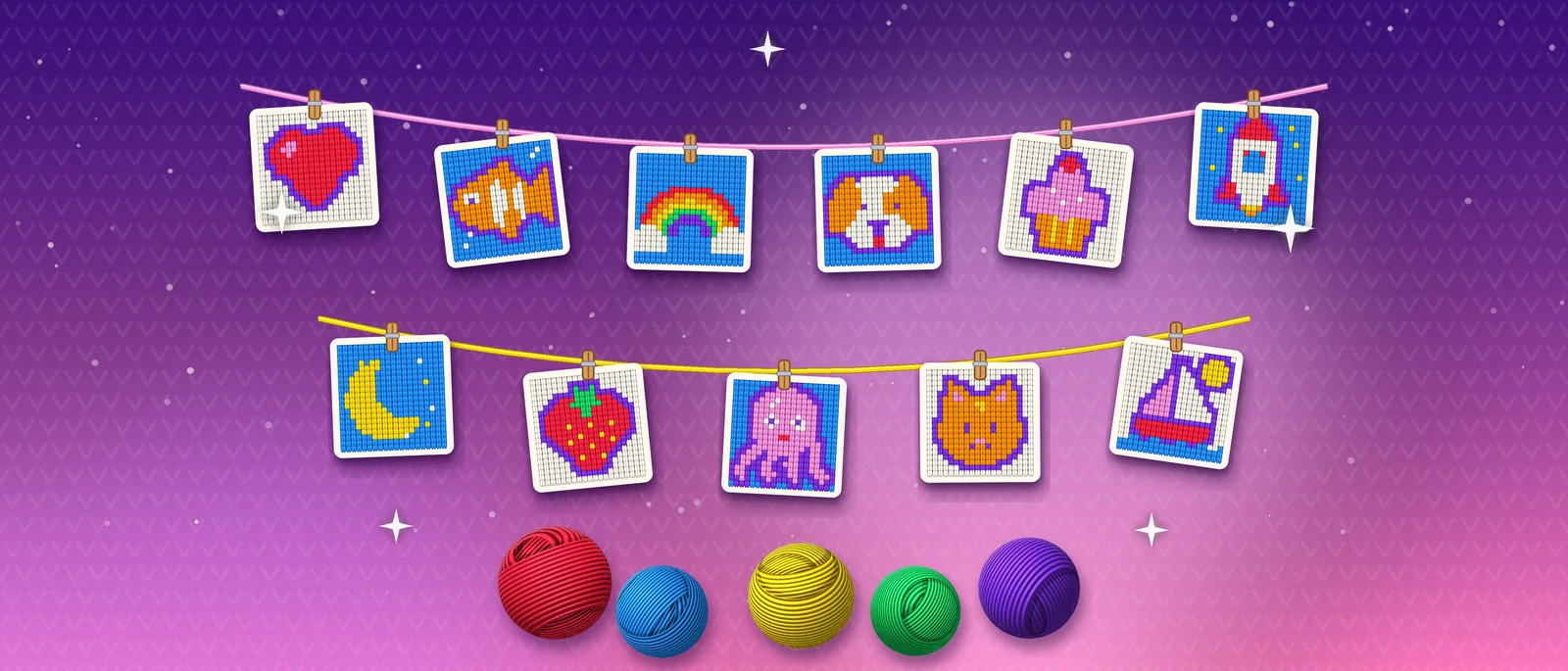 Knitted pattern cards pegged on a yarn line